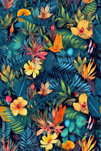 AI generated illustration of a vibrant, seamless image of lush tropical foliage and blooming flowers