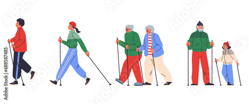 Set of diverse people doing nordic walking, flat vector illustration isolated on white background.