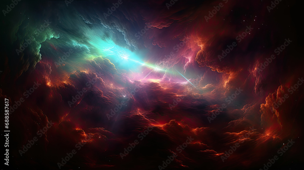 A colorful nebula space wallpaper, depicts a vibrant and dreamy outer space scene filled with swirling colors. It's perfect for website backgrounds, digital art, and space-themed design projects. - obrazy, fototapety, plakaty 