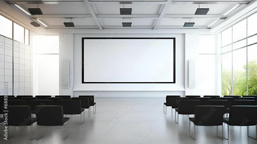 AI generated illustration of a modern meeting room with several tables and chairs neatly arranged AI generated illustration of a modern meeting room with several tables and chairs neatly arranged