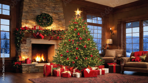 Beautiful Christmas tree with gifts, by the fireplace. Generative AI, Generative, AI