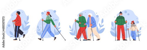 Diverse people nordic walking with poles, set of flat vector illustrations isolated on white background.