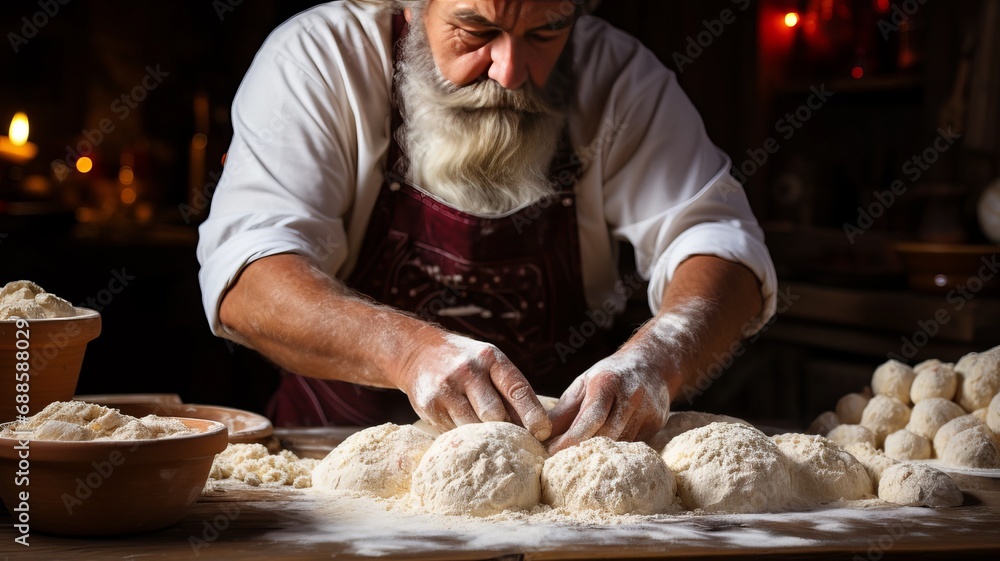 Baker prepares fresh dough in a bakery