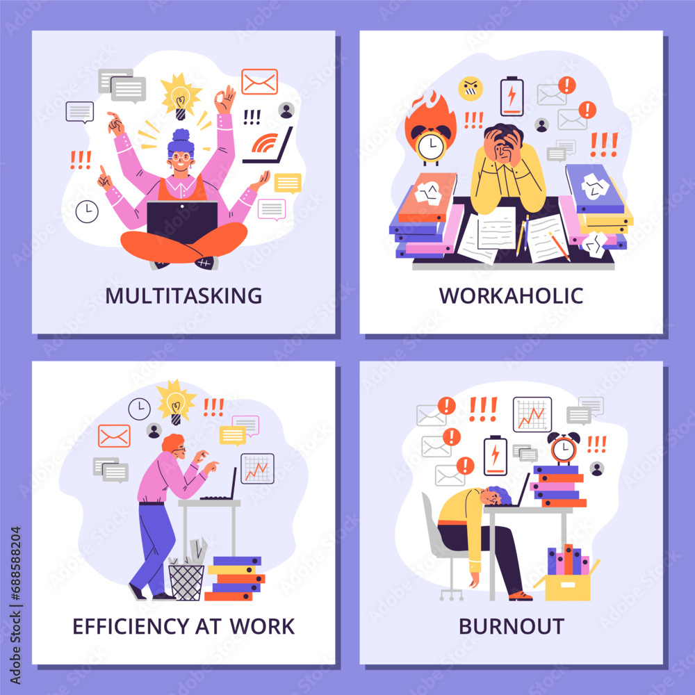 Workaholic people posters set, flat vector illustrations. Workaholic people posters set, flat vector illustrations.