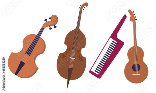 Musical instruments vector illustration. World Music Day celebrates global tapestry harmonious tunes The concert hall becomes stage for orchestral equipment to shine Instruments