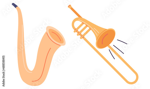Musical instruments vector illustration. Classical tunes resonate as instruments join in harmonious celebration Instrumental leisure invites you into world rhythmic and melodic delights. Trumpet