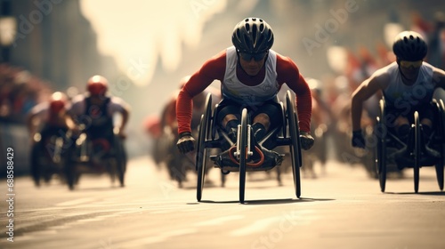 disabled para athletes participate in races using special wheelchairs, banner