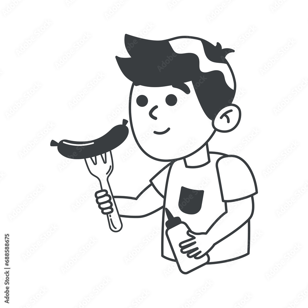 BBQ element of black line set. In this BBQ-themed illustration with bold black outlines, a young boy savors a mouthwatering sausage hot off the grill. Vector illustration.