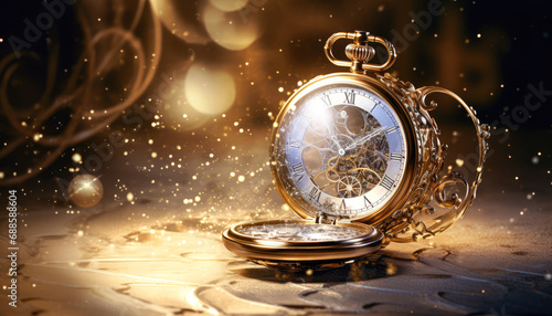 Close-up of a golden Vintage Pocket Watch Illuminating the Darkness in the Night