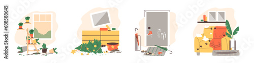 Knocked over Christmas tree, flower pots, hewing shoes, clutter, disorder from play cat or dog, vector set of pet mess