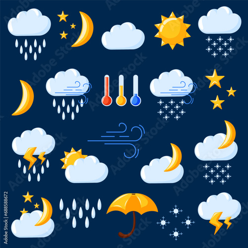 Weather symbols in cartoon style. Elements for weather forecast. Thunderstorm, lightning, rain, showers, cloud, drops, wind, cold and warm thermometer. Vector illustration isolated.