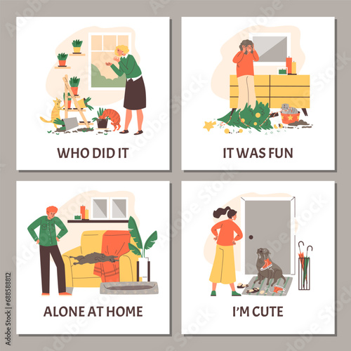 Set of squared banners about pet mess flat style  vector illustration