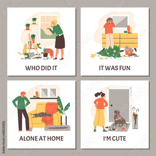 Set of squared banners about pet mess flat style, vector illustration