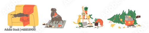 Cartoon vector isolated illustrations set of pet mess, naughty dog chewing shoes, cats knocked over Christmas tree, pots