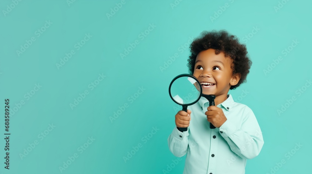 Curious Little Boy Explores the World Through a Magnifying Glass Curious Little Boy Explores the World Through a Magnifying Glass