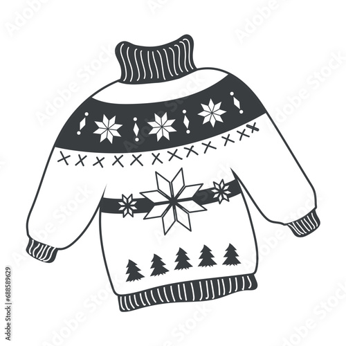 Winter element of black line set. This winter-themed illustration, outlined in bold black, features a cozy and inviting warm sweater, making you crave the comfort of chilly days. Vector illustration.