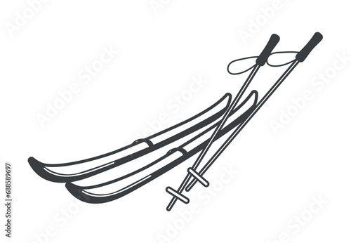 Winter element of black line set. A pair of skis depicted in a black outline is the perfect symbol of the beginning of winter fun. Vector illustration.