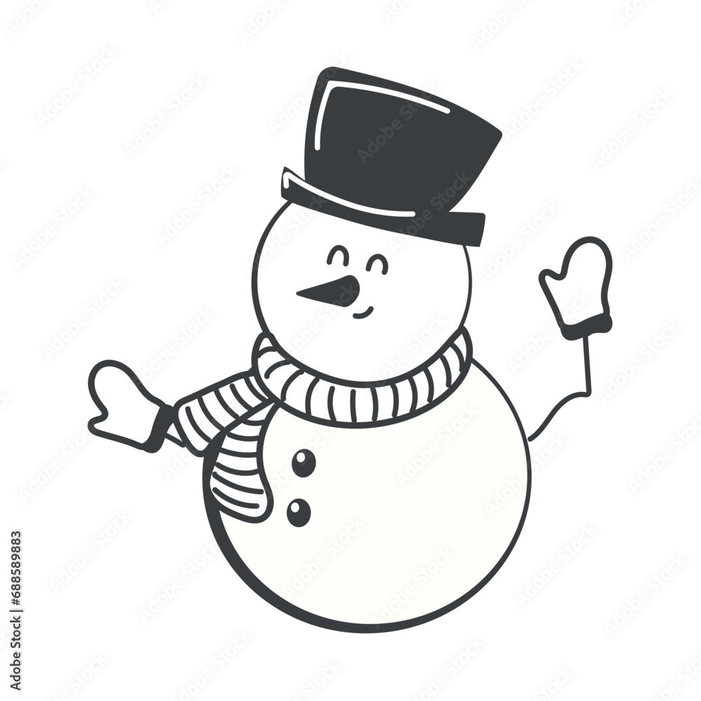 Winter element of black line set. A cute character - a snowman who kindly greets all viewers is depicted in this themed winter illustration with a special style. Vector illustration. Winter element of black line set. A cute character - a snowman who kindly greets all viewers is depicted in this themed winter illustration with a special style. Vector illustration.
