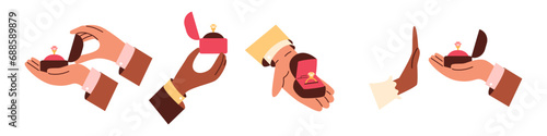 Set of hands holding boxes with engagement rings, flat vector illustration isolated on white background.