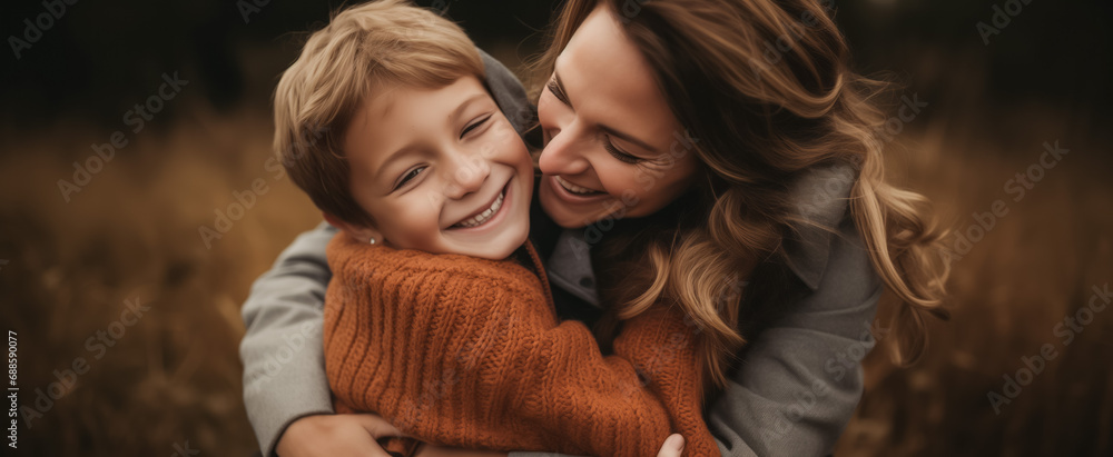 Young boy embracing smiling woman in autumn setting