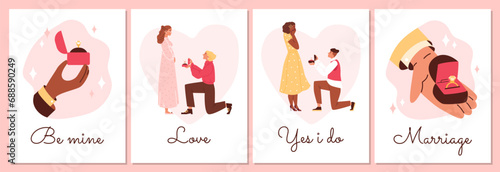 Set of posters or vertical banners about people making marriage proposal flat style