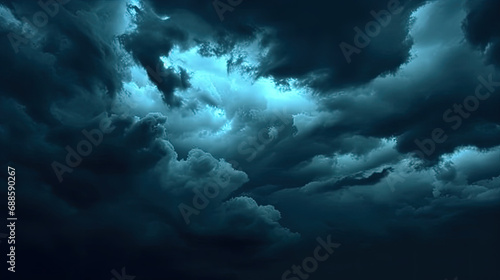 A close-up of a sky with  dark blue clouds Gloomy ominous storm rain clouds background. . Epic fantasy mystic. creepy spooky nightmare horror concept.  photo