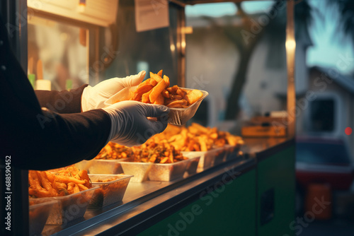 Masterful hands creating culinary delights in a food truck with a blurry background. photo