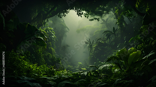 green forest in the dark, cloudy forest view , green plants 