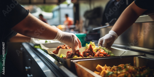 Dexterous hands creating dishes in a food truck with a blurred background. photo