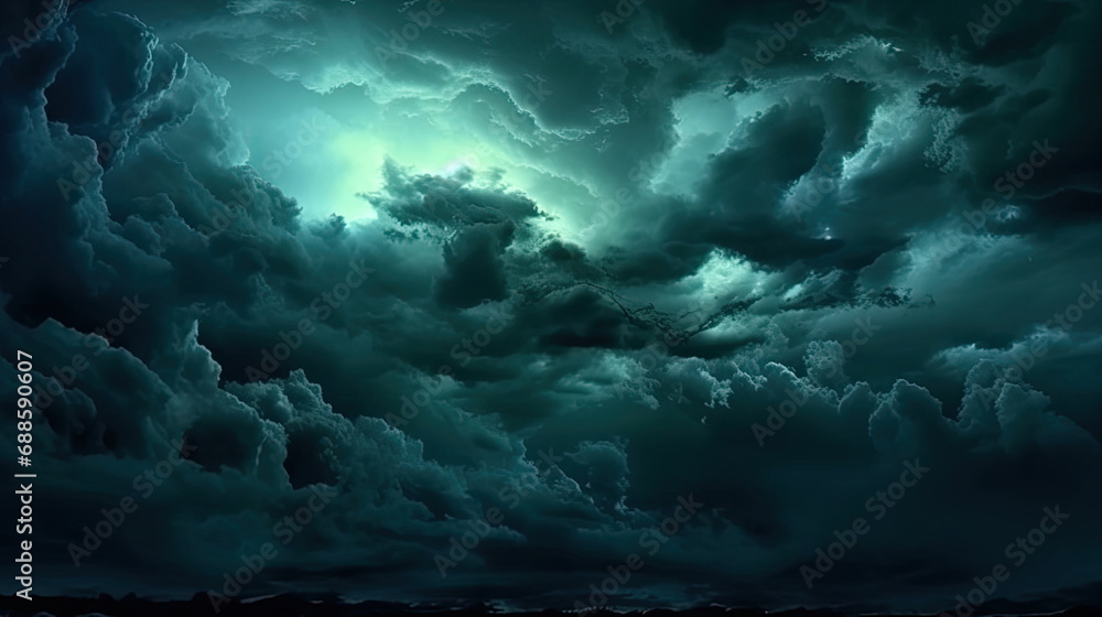 A close-up of a sky with  dark blue clouds Gloomy ominous storm rain clouds background. . Epic fantasy mystic. creepy spooky nightmare horror concept. 