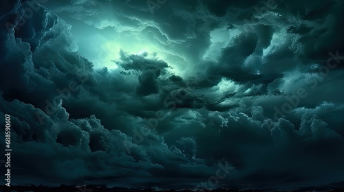 A close-up of a sky with  dark blue clouds Gloomy ominous storm rain clouds background. . Epic fantasy mystic. creepy spooky nightmare horror concept.  © Planetz