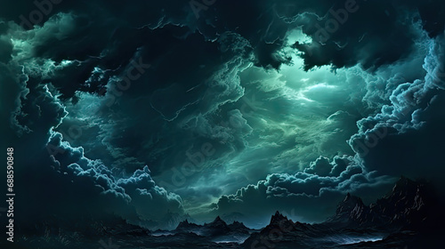 A close-up of a sky with dark blue clouds Gloomy ominous storm rain clouds background. . Epic fantasy mystic. creepy spooky nightmare horror concept.