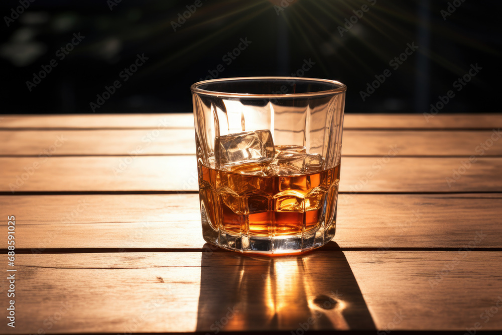 whiskey with ice on a wooden table. whiskey with ice on a wooden table.