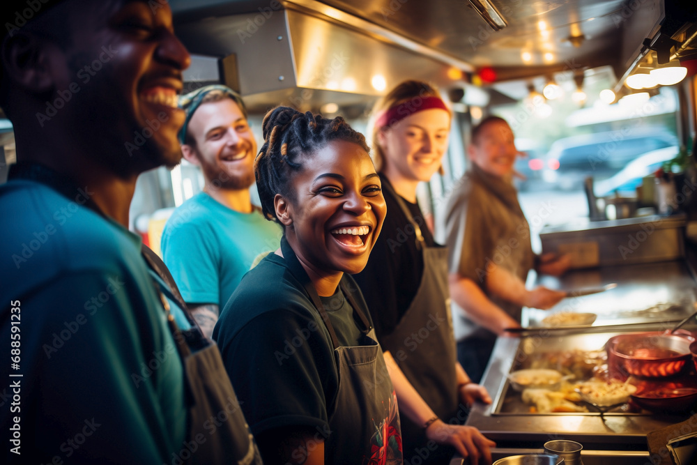 Workers from diverse backgrounds joyfully vending meals side by side in a food truck kitchen. Workers from diverse backgrounds joyfully vending meals side by side in a food truck kitchen.