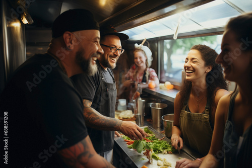 A mix of happy buddies working together to vend meals in the kitchen of a food truck. photo