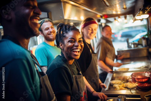 Workers from diverse backgrounds joyfully vending meals side by side in a food truck kitchen.