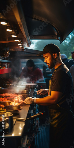 Happy workers with diverse backgrounds selling in harmony in a food truck kitchen.