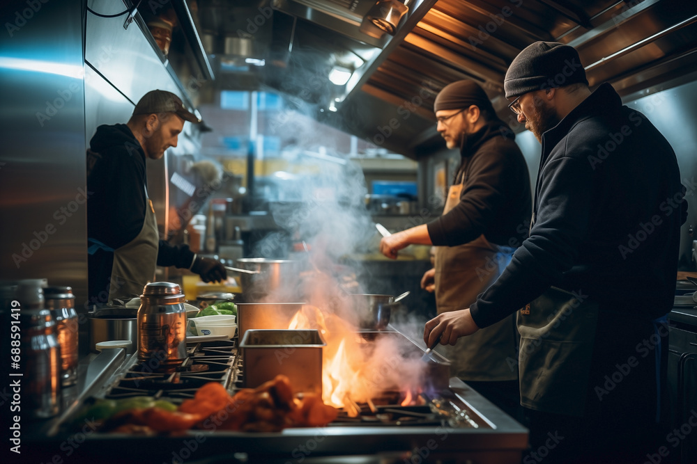 People from various backgrounds joyfully selling meals in a food truck kitchen. People from various backgrounds joyfully selling meals in a food truck kitchen.
