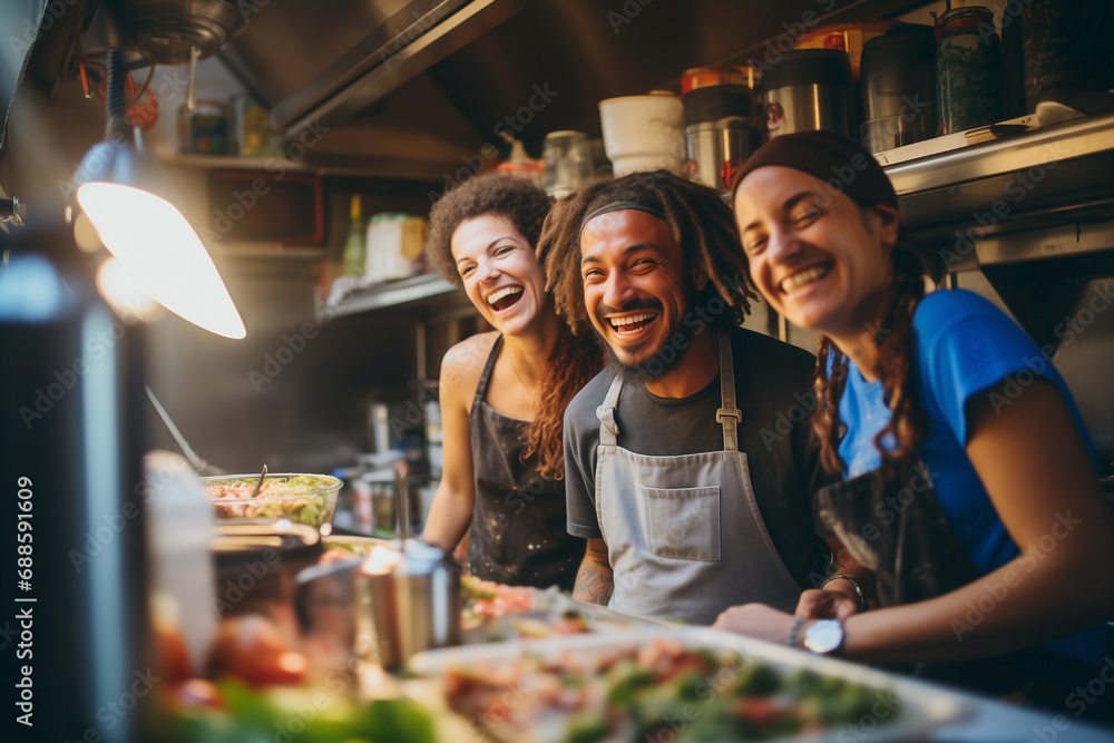 A mix of joyful friends working together in a food truck kitchen.