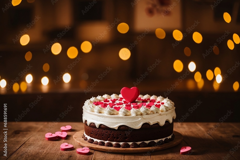 A delicious chocolate Valentine's Day cake on the wooden table decorated in Valentine's theme with copy space.