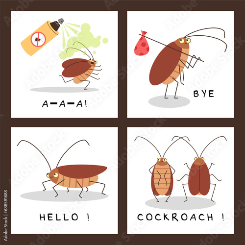 Funny cockroach characters, insects extermination service posters set, flat vector illustration.