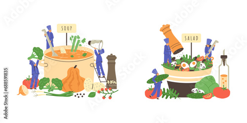 Tiny people cooking food together, flat vector illustration isolated on white background.
