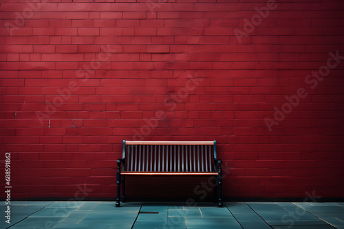 a bench against a red brick wall.