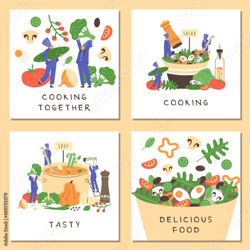 Posters set of professional chefs cooking delicious food, flat vector illustration.