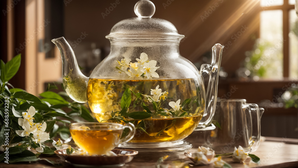 Beautiful glass teapot with tea, jasmine flower in the kitchen decoration Beautiful glass teapot with tea, jasmine flower in the kitchen decoration