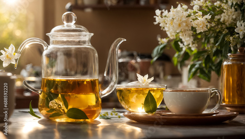 Beautiful glass teapot with tea, jasmine flower in the kitchen