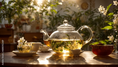 Beautiful glass teapot with tea, jasmine flower in the kitchen natural
