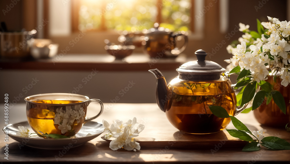 Beautiful glass teapot with tea, jasmine flower in the kitchen herbal Beautiful glass teapot with tea, jasmine flower in the kitchen herbal