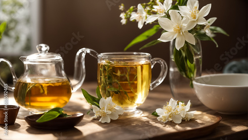 Beautiful glass teapot with tea, jasmine flower in the kitchen healthy