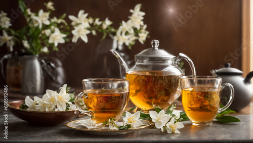 Beautiful glass teapot with tea,fresh jasmine flower in the kitchen